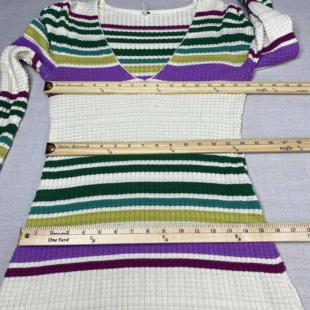 Free People XS Gidget Knit Sweater Dress V-Neck Long Sleeve Ivory Combo Striped